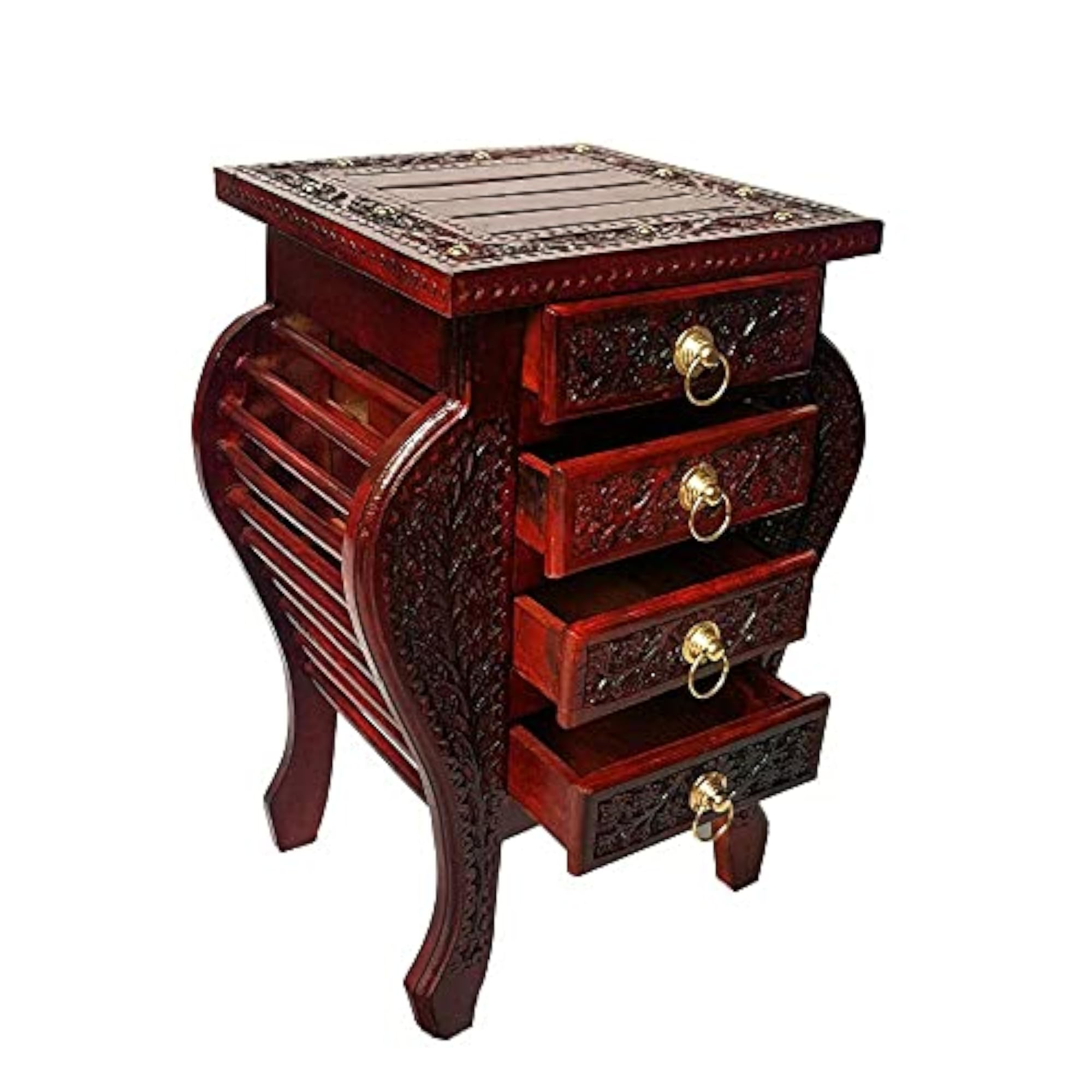 Handmade Floral Carved Bedside Table with Drawers, Mango Wood